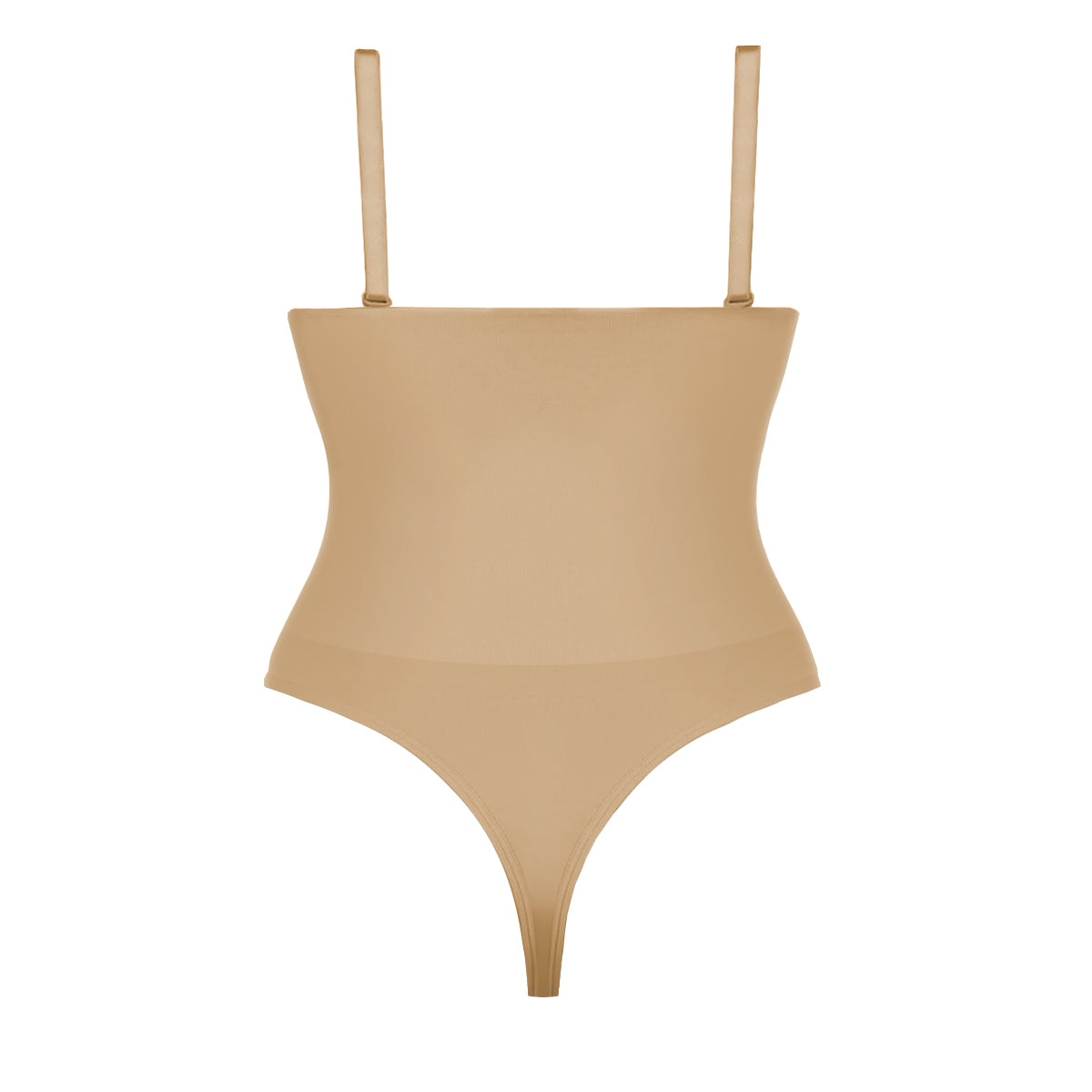 Thong bodysuit in beige on white background.
