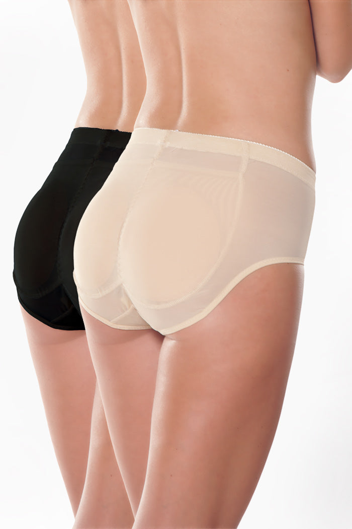 Two pairs of women's underwear, one black and one beige, on a white background.