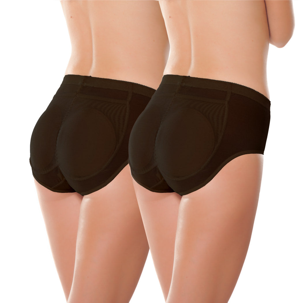 Two pairs of black padded underwear on a model showing removable foam pads in a value set.