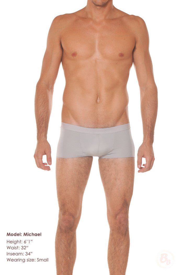 BoyBubbles Men's Padded Trunk plus 1 Front Pad and 1 Foam Butt Pad Set modeled by Michael in gray.