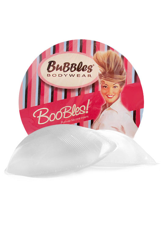 Boobles - Full-cup Clear Round Silicone Bra Inserts in eye-catching packaging with model and soft silicone pads.