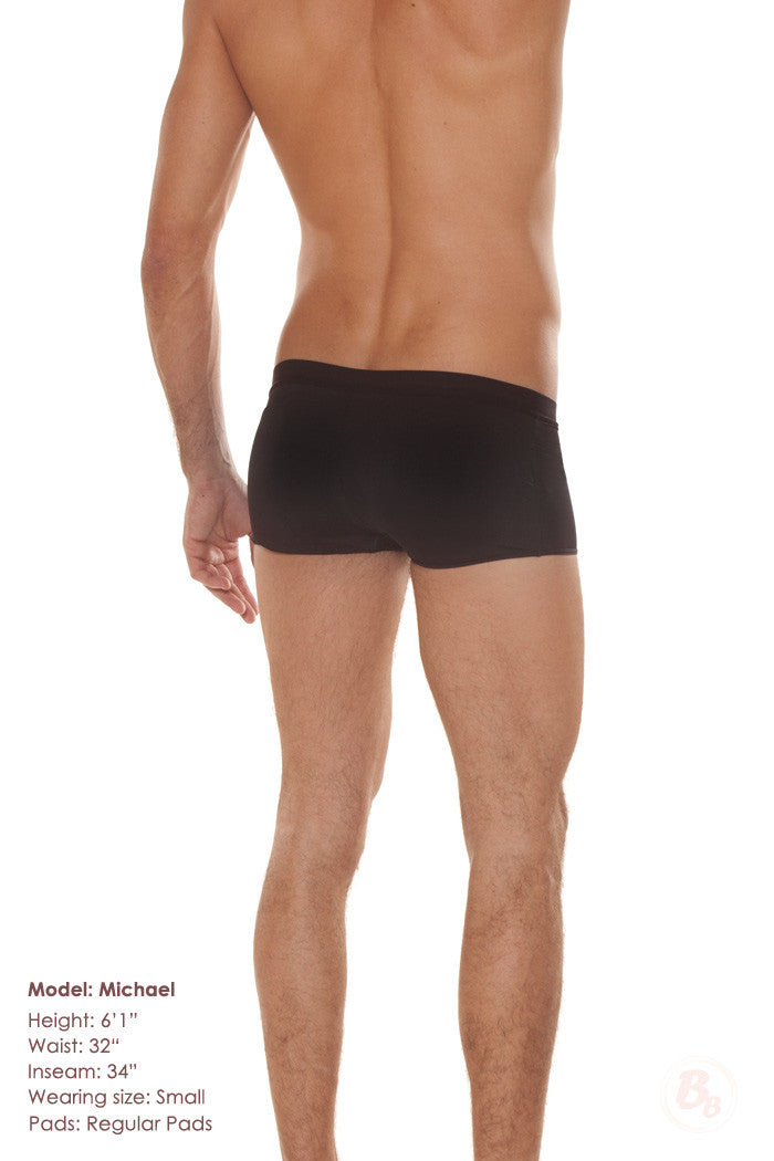 BoyBubbles Men's Padded Trunk with removable butt pads worn by a model from the back.