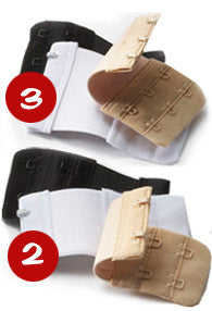 Bra Extender Singles (2 Hook or 3 Hook) in black, white, and nude with visible hooks for extending bras.