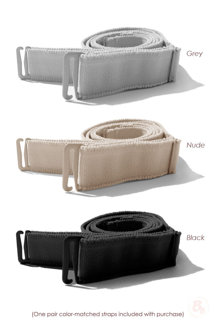 Pick-Me-Up Victorian Bodysuit color-matched straps in grey, nude, and black, included with purchase.