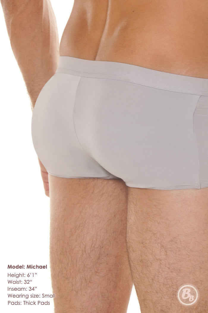 Close-up of BoyBubbles Men's Padded Trunk on man showcasing rear padding and fit.
