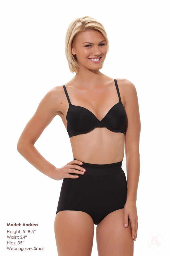 Model wearing Double-O Powernet Hi-rise Panty Strong Control demonstrating its booty lifting and body shaping features.