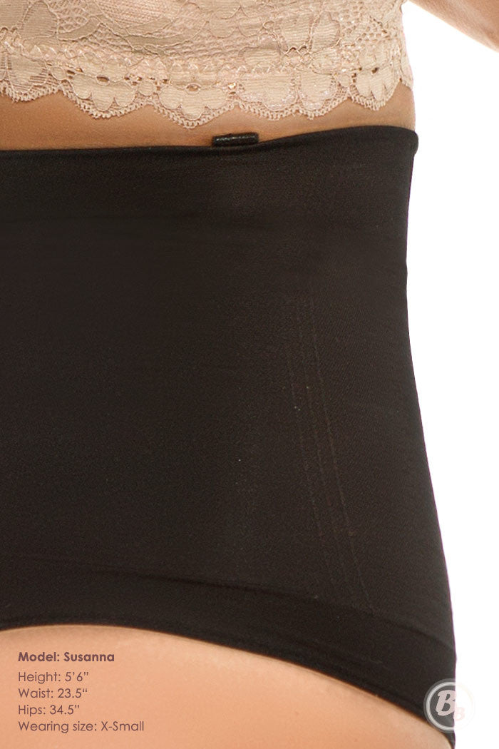 Close-up of Seamless Thong Bodysuit shown on model highlighting waist cincher shaping.