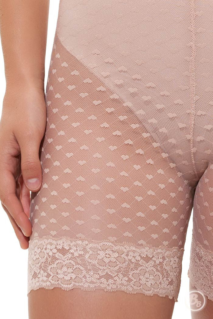 I Heart Curves® Padded Mid-Thigh Panty with lace trim and heart pattern, featuring removable butt pads for added shape.