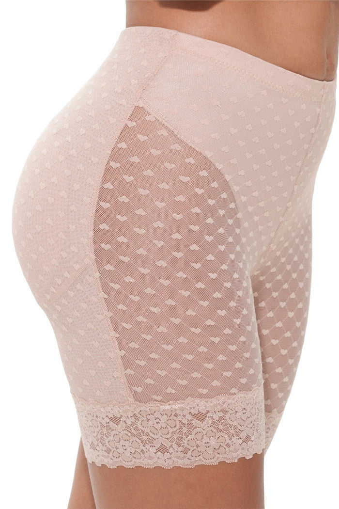 I Heart Curves® Padded Mid-Thigh Panty featuring removable butt pads and lace trim for comfort and style.