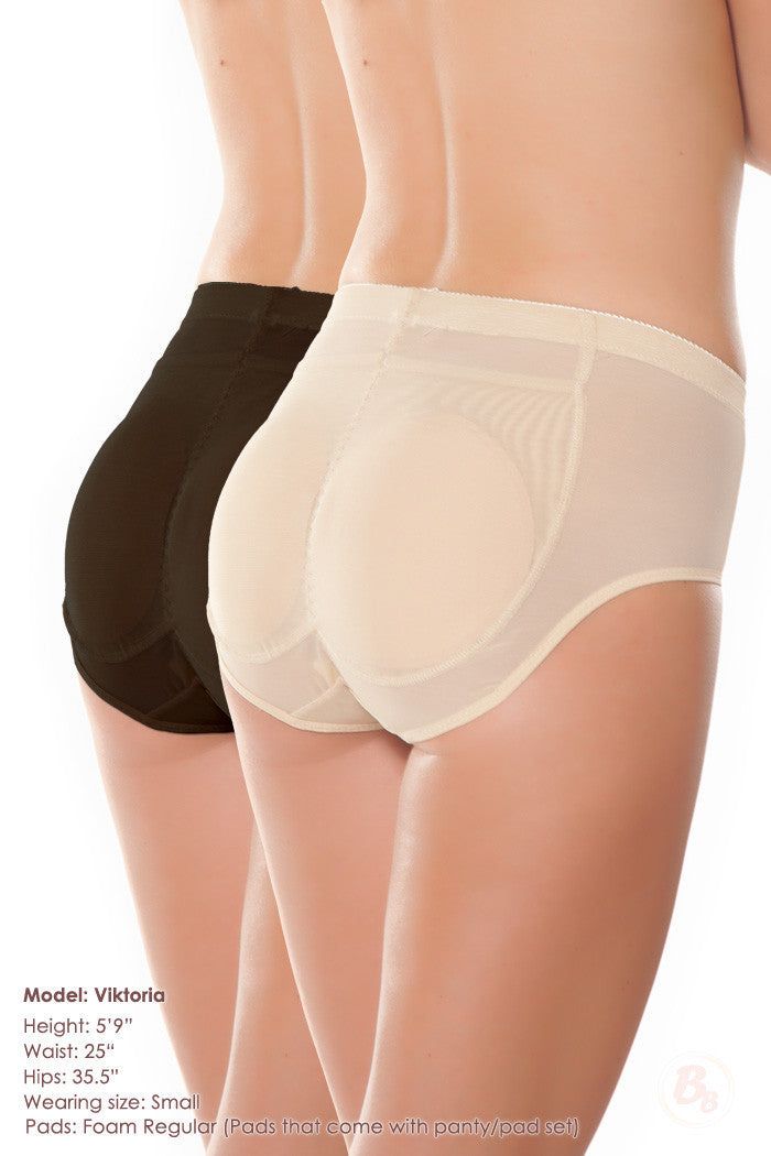 Insta-Booty 5-Piece Padded Panty Value Set with removable booty pads showing a black and a beige panty with butt pads on a model.