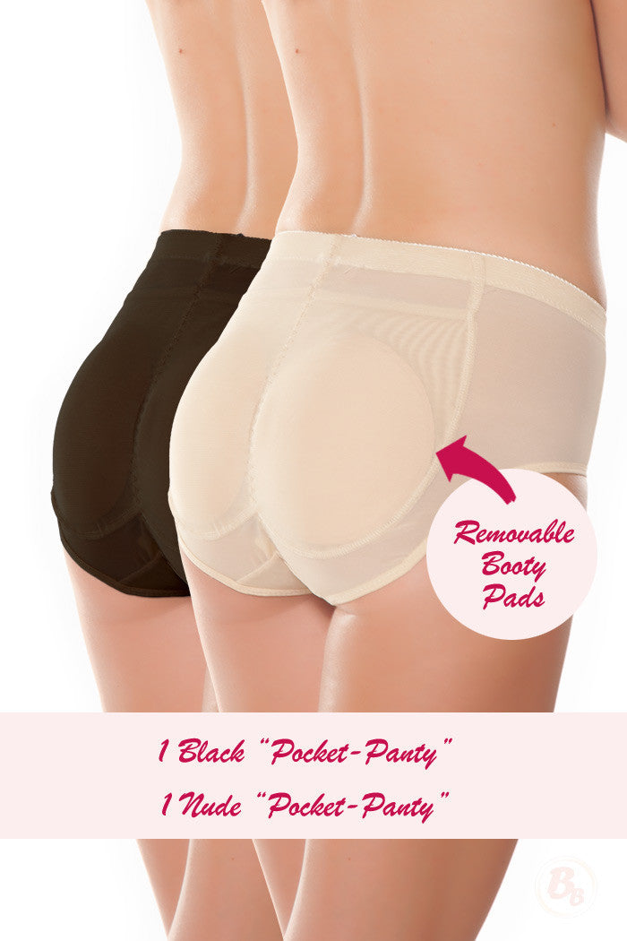 Insta-Booty 5-Piece Padded Panty Value Set with removable booty pads with diagram pointing to removable butt pads.