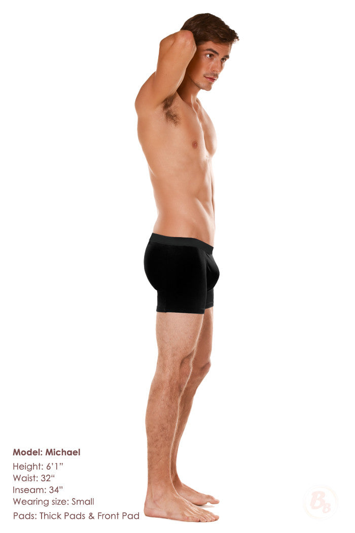 Jackpot! Men's Padded Boxer Brief (Includes Foam Front and Butt Pads) model wearing black boxer briefs with butt pads.