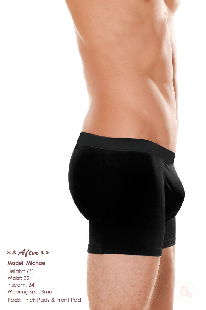 Jackpot! Men's Padded Boxer Brief (Includes Foam Front and Butt Pads) shown in black on model's side.