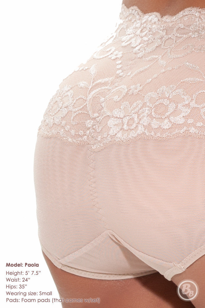 Close-up of the Retro Lace Waist Padded Midrise Panty showcasing lace detail and butt pads for a chic fit.