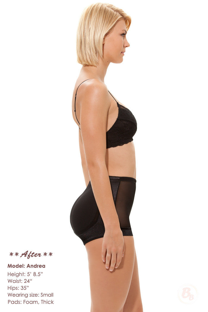 Retro Satin Padded Hipster Brief showcasing silhouette with butt pads for added shape and confidence.