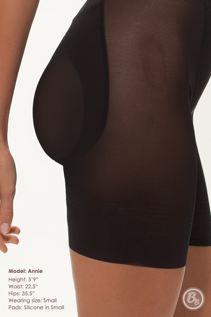 After profile view of Foxy Fanny® Silicone Padded Underwear Mid-thigh Panty displayed on model, showcasing silicone pads for a realistic look.